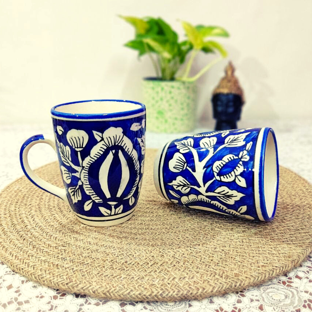 Homefrills ceramic Hand Crafted-Hand Painted Mughal Art Design Ceramic Coffee Mug (Blue) Suitable for Coffee, Tea, Juice, Cappuccino, etc. (250ml)Set of 2